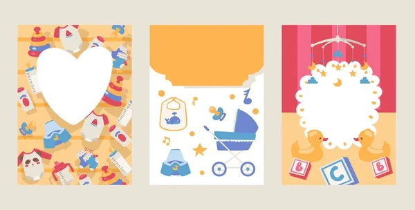 Baby ντους πρόσκληση σύνολο διάνυσμα εικονογράφηση με χαριτωμένο χαιρετισμό ή ανακοίνωση γενεθλίων σχεδιασμό κάρτας για γιορτή κόμμα. — Διανυσματικό Αρχείο