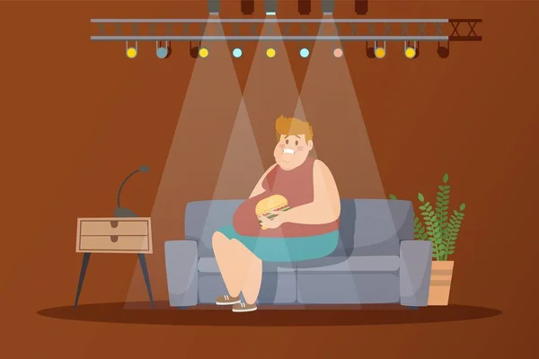 Rychlé občerstvení vektor ilustrace s nadváhou kreslený charakter muž jíst hamburger sedí na gauči pod reflektorem. — Stockový vektor