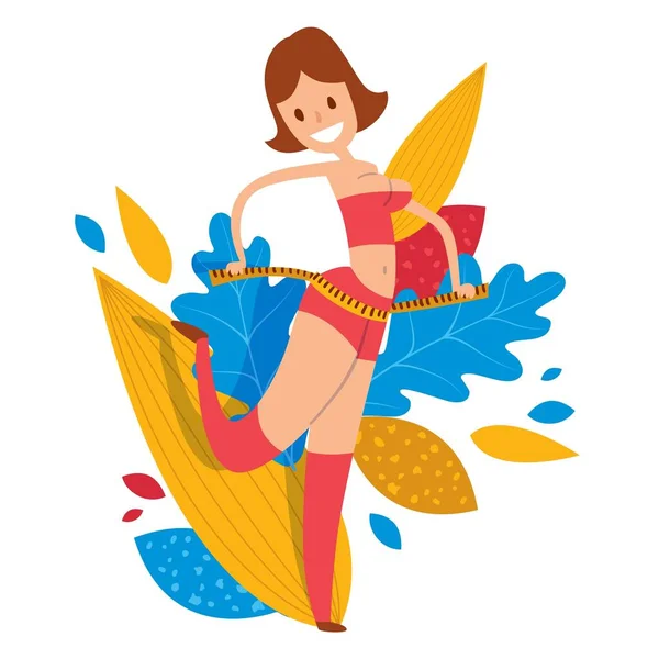 Woman with measuring tape around her body vector illustration. Female cartoon character with slim waist, fitness lifestyle concept. — 스톡 벡터