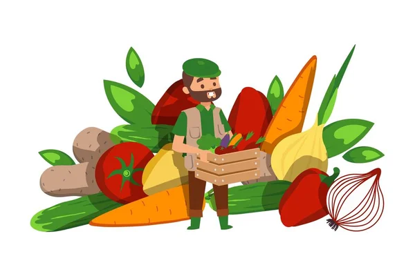 Landbouwers houden mand met boerderijgroenten, landbouw biologisch voedsel concept cartoon platte vector illustratie. — Stockvector