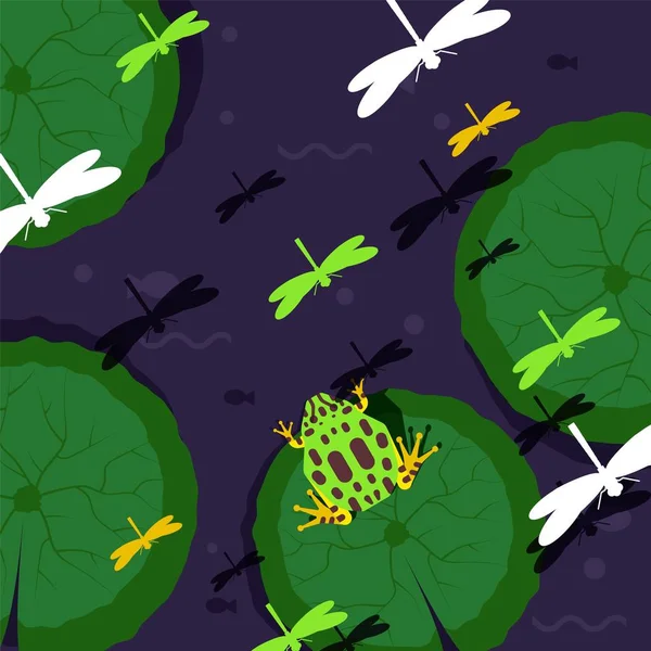 Frog sitting on water lily vector illustration with green amphibian animal and dragonfly on the lake or pond. — ストックベクタ