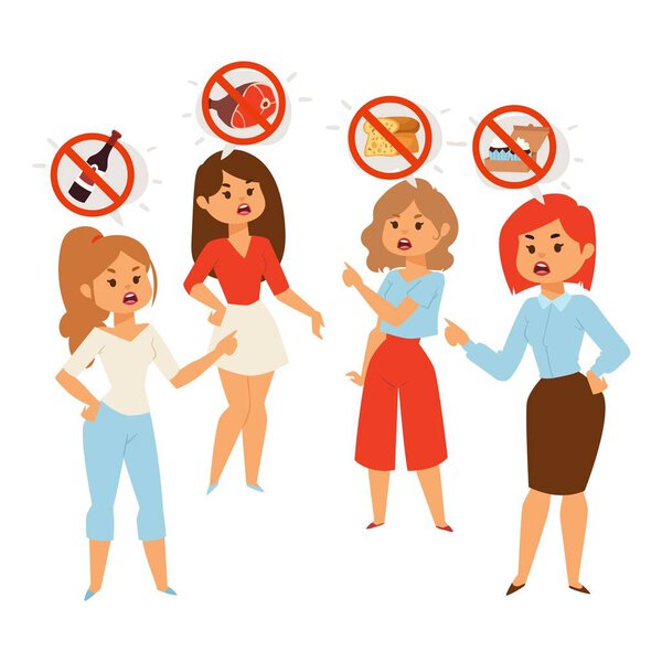 Women arguing about diet food and healthy eating, people vector illustration