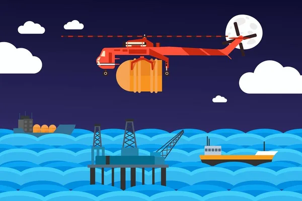 Cargo helicopter carries barrel to offshore oil rig, vector illustration — 스톡 벡터