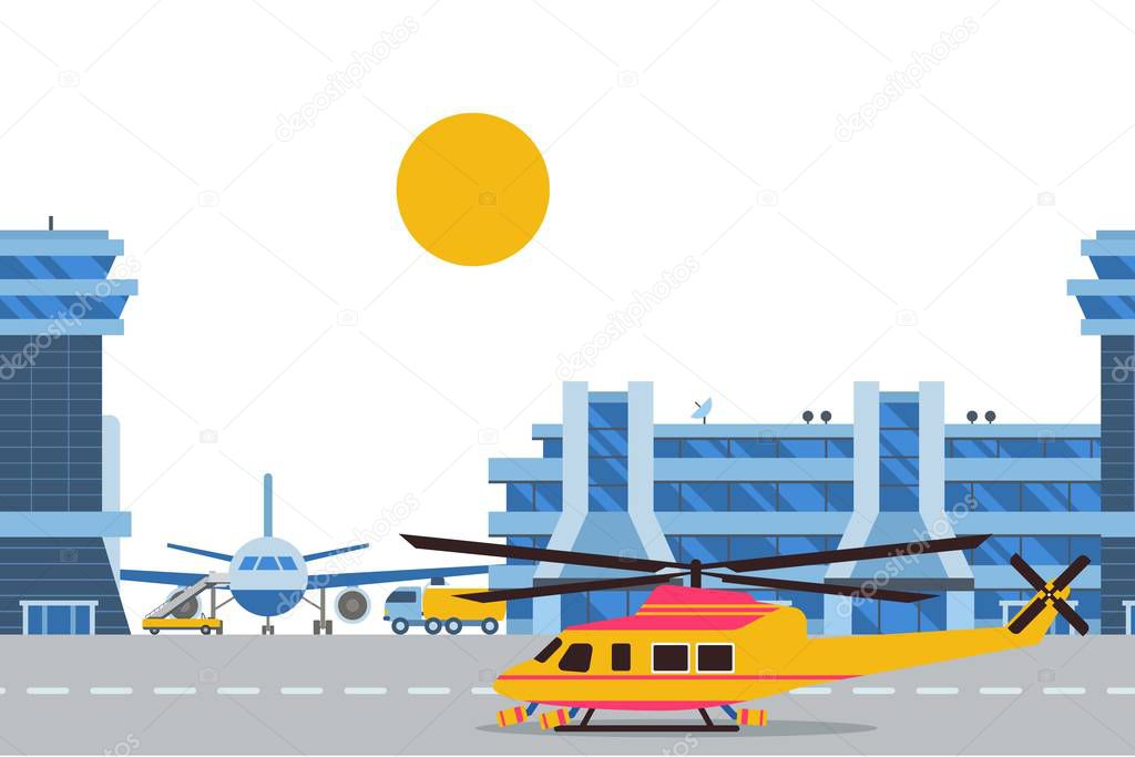 Helicopter and plane in airport, international aircraft base vector illustration