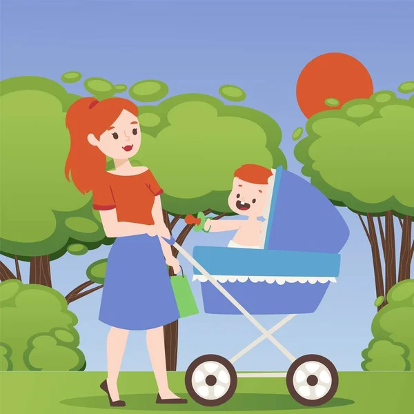Madre in parco con passeggino, donna cartone animato personaggio vettoriale illustrazione — Vettoriale Stock