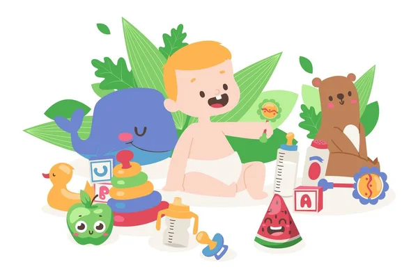 Cute baby gry z zabawkami, mały chłopiec postać z kreskówek, wektor ilustracji — Wektor stockowy