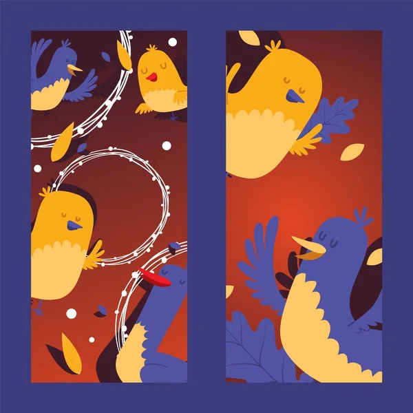 Plantillas de banner vertical de aves ilustración vectorial, conjunto de diseño de fondo de tarjeta con birdies y corona, hojas . — Archivo Imágenes Vectoriales