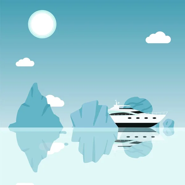 Jacht pływający między górami lodowymi w oceanie, rejs po skałach morskich, ilustracja wektora — Wektor stockowy