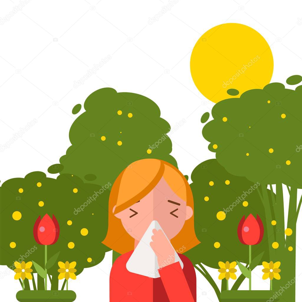 Pollen allergy, sneezing girl in spring nature, vector illustration