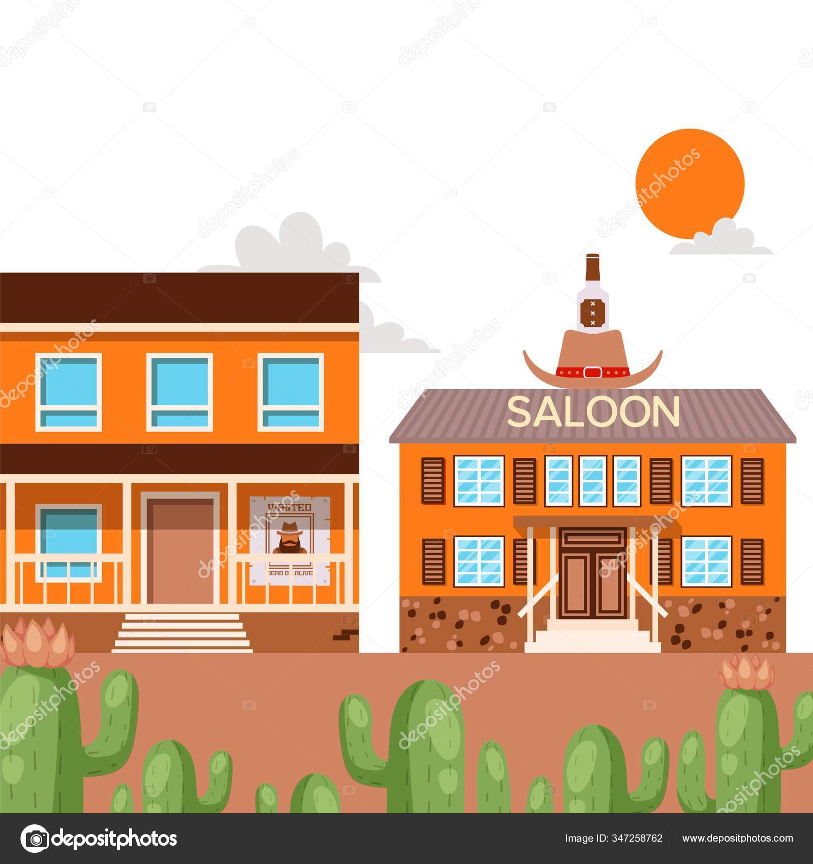 Saloon in western American town, flat style cartoon house, vector  illustration 스톡 벡터 - ©adekvat 347258762, image size:1600x1700