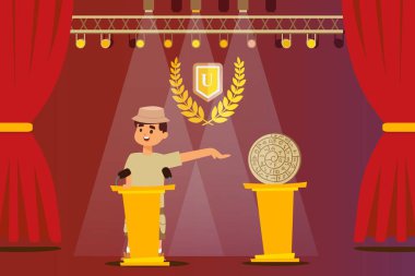 Arkeolog onun keşfini sunuyor, tarihi eser, insanlar illüstrasyon sunuyor.