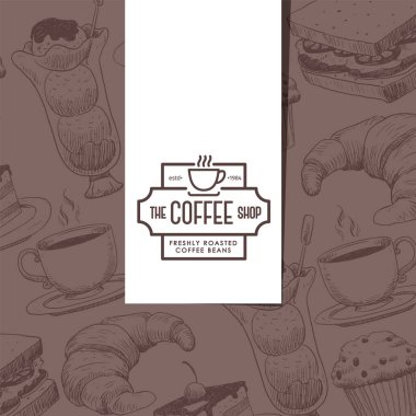 Cafe menu cover, coffee house emblem, bakery shop packaging paper, vector illustration