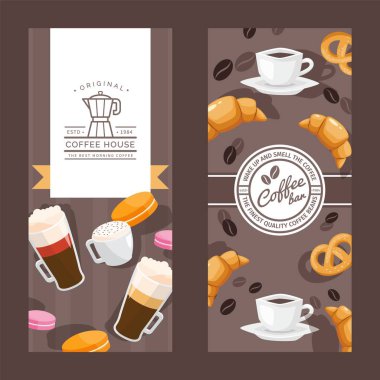Coffee house vertical banners, cafe menu cover, emblem for coffee shop, vector illustration