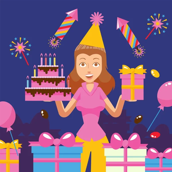 Geburtstagsfeier, fröhliche Frau mit Kuchen, Menschen-Vektorillustration — Stockvektor