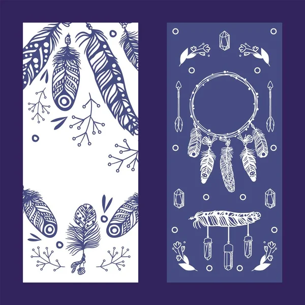Bannières verticales avec plumes dans le style boho, illustration vectorielle — Image vectorielle