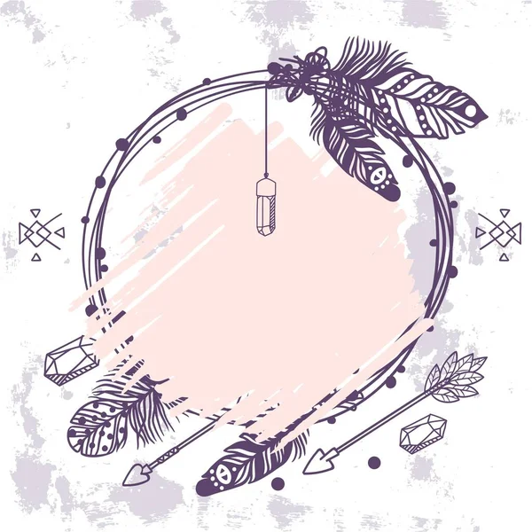 Ghirlanda in stile Boho con piume, cristalli e frecce, illustrazione vettoriale — Vettoriale Stock