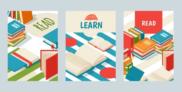 Conjunto de pancartas con libros, póster para biblioteca o librería, ilustración vectorial — Vector de stock