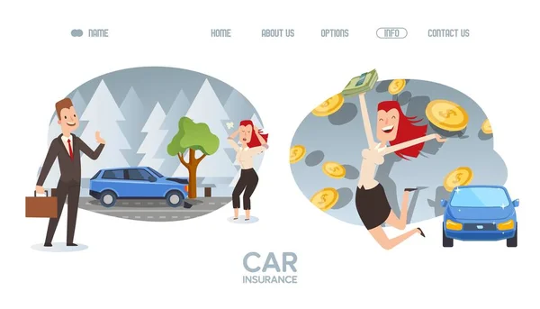 Car insurance website, happy woman cartoon character, people vector illustration — Stockový vektor