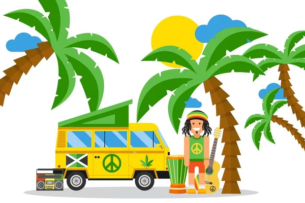 Rastafarian cartoon character on Jamaica with musical instruments, people vector illustration — Διανυσματικό Αρχείο