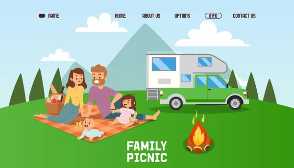 Familia feliz en picnic juntos, gente de ocio al aire libre, ilustración vectorial — Archivo Imágenes Vectoriales