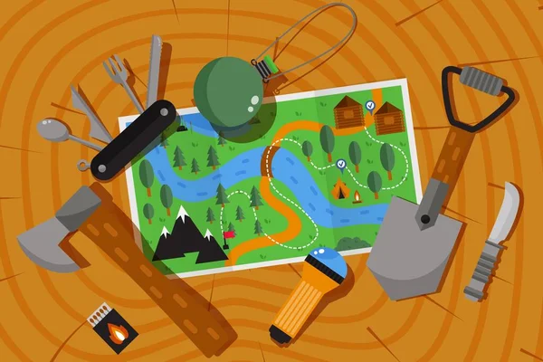 Expedition adventure map, hiking and camping outdoor in nature, vector illustration — Stok Vektör