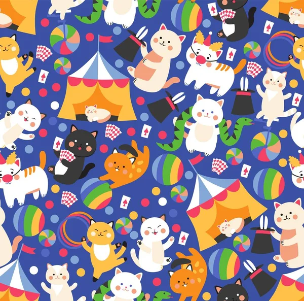 Seamless pattern with funny circus cats, cute isolated cartoon characters, vector illustration — Stok Vektör