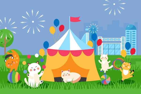 Gatti circo in tenda tendone, simpatici animali personaggi dei cartoni animati, illustrazione vettoriale — Vettoriale Stock