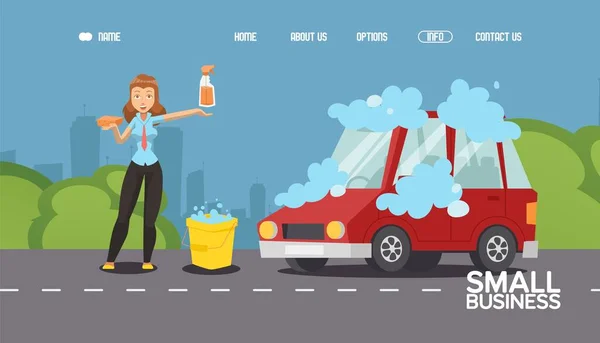 Car washing service, woman cartoon character, website design, people vector illustration — Stockový vektor