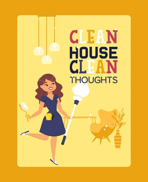 Clean house typography poster with inspirational quote, housework motivation, people vector illustration — Stok Vektör