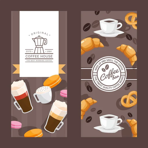 Coffee house vertical banners, cafe menu cover, emblem for coffee shop, vector illustration — Stock vektor
