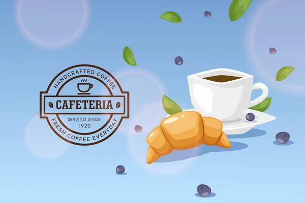 Breakfast in cafe, cup of coffee and french croissant, cafeteria stamp icon, vector illustration — Stock vektor
