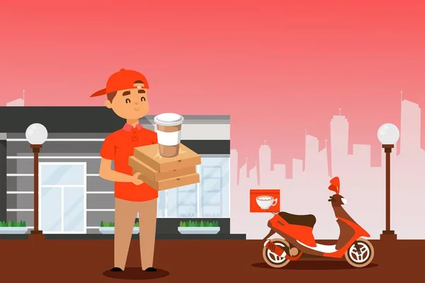 Food delivery courier with pizza box and coffee cup, man cartoon character, people vector illustration — 스톡 벡터