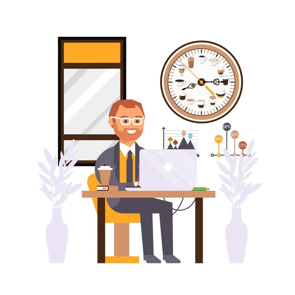 Office manager al lavoro, creativo orologio pausa caffè sul muro, personaggi dei cartoni animati, illustrazione vettoriale — Vettoriale Stock