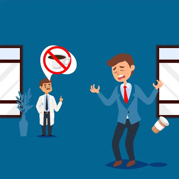 Doctor forbids coffee, upset man with medical restriction diet, people in healthcare clinic, vector illustration — Stockvektor
