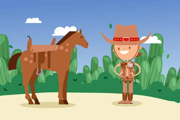 Cowboy sheriff cartoon character with horse, wild west people, vector illustration — 스톡 벡터