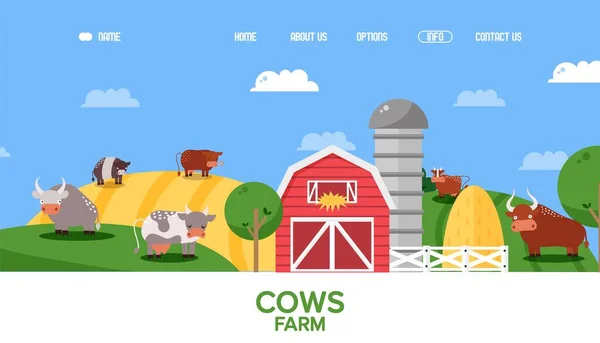 Sitio web de granja de vacas, animales de granja en paisaje de estilo plano, personajes de dibujos animados de ganado, ilustración vectorial — Archivo Imágenes Vectoriales