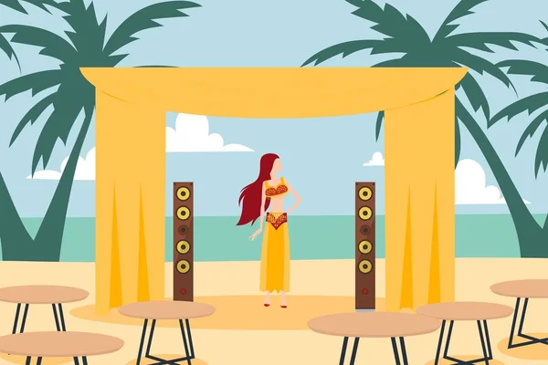 Belly dancer woman cartoon character on beach, girl performing in summer outdoor cafe, vector illustration — Διανυσματικό Αρχείο