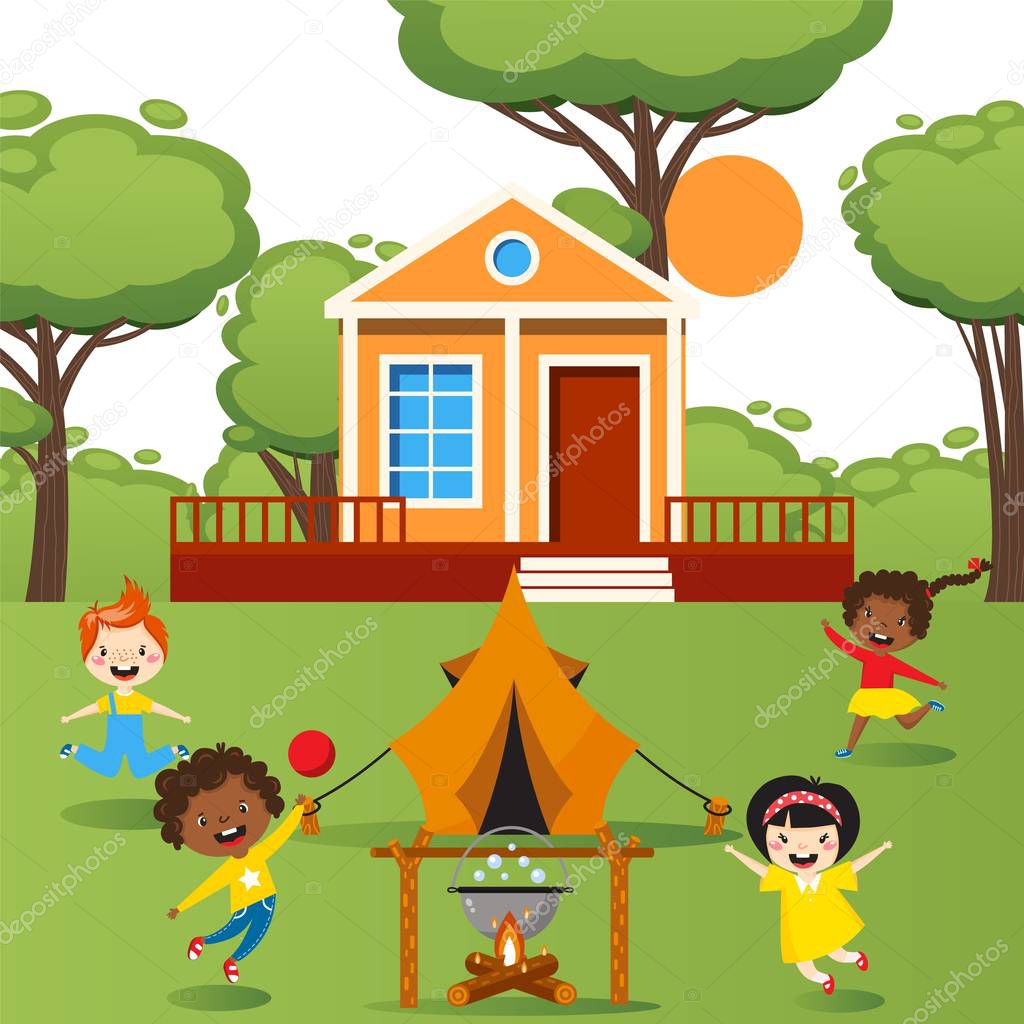 Children playing with tent outdoor, happy kids running around campfire, people vector illustration