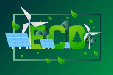 Eco typographic poster, sustainable power environment, wind turbine and solar panel, vector illustration