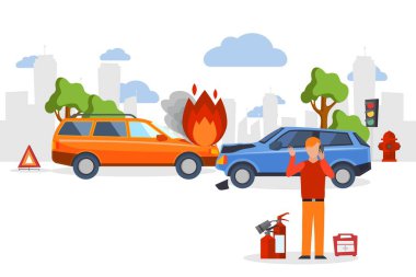 Car accident insurance, road crash in flat cartoon style, man calling for emergency help, vector illustration
