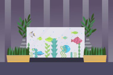 Aquarium in room interior, fish swimming in water, simple flat style vector illustration