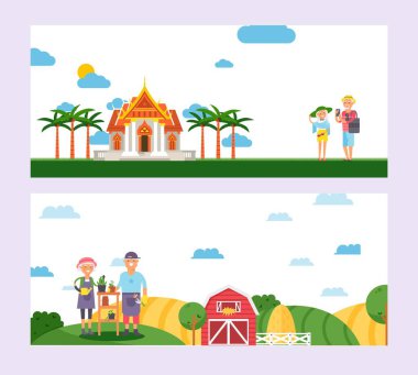 Elderly couple people traveling and farming, happy pensioners enjoying retirement together, vector illustration