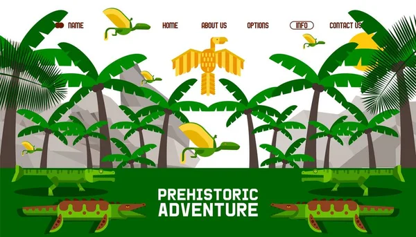 Dinosaurio aventura prehistórica, sitio web en estilo de dibujos animados geométricos simples, ilustración vectorial — Vector de stock