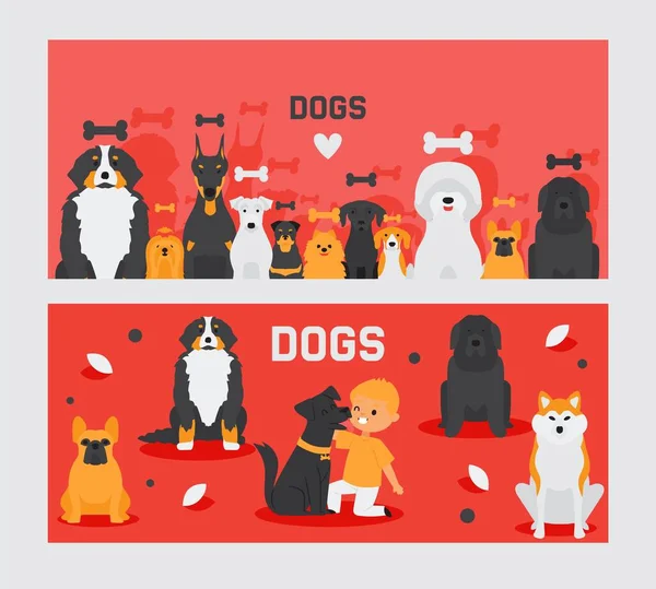 Bandeiras para cães, personagens de desenhos animados de animais de estimação e meninos bonitos, ilustração vetorial de animais — Vetor de Stock