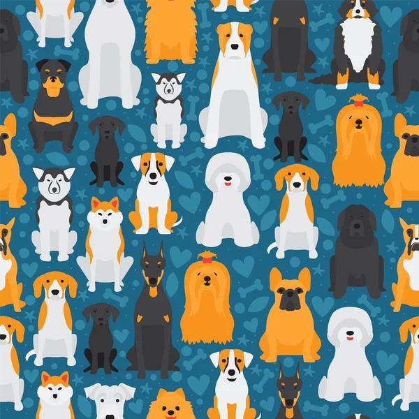 Perros en patrón sin costuras, animales aislados personajes de dibujos animados, mascotas lindo vector ilustración — Vector de stock