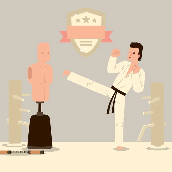 Man karate fighter, martial arts training room, cartoon character in traditional gi uniform, vector illustration — 图库矢量图片