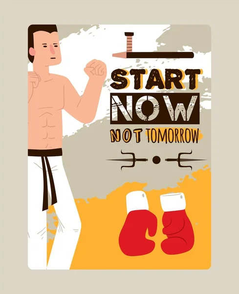 Martial arts motivational poster, karate inspiration typographic card, kickboxing man, vector illustration — 스톡 벡터