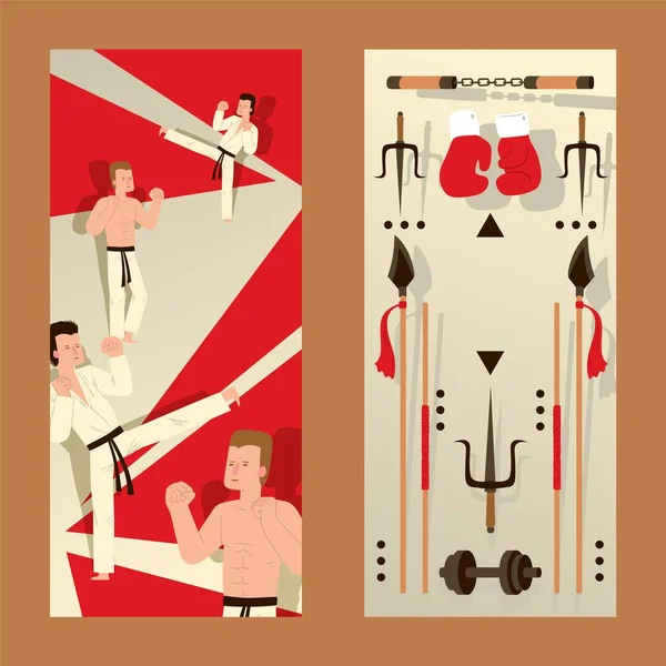 Banner vertical de artes marciales, gente de karate, luchador de kickboxing, ilustración vectorial — Archivo Imágenes Vectoriales