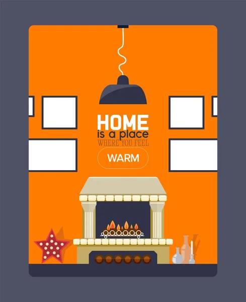 Inspirational quote about home, fireplace and frame on wall, brochure cover template, vector illustration — 图库矢量图片