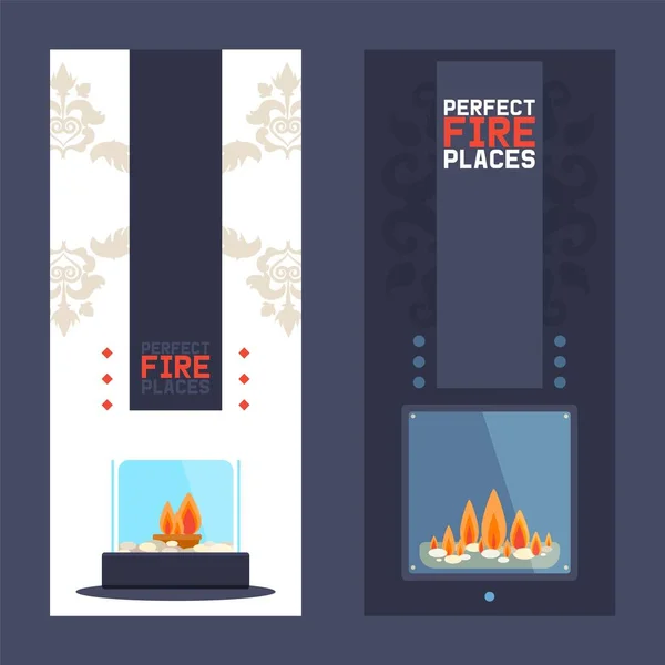 Fireplace vertical banner, modern home decoration shop, luxury interior design store, vector illustration — 스톡 벡터